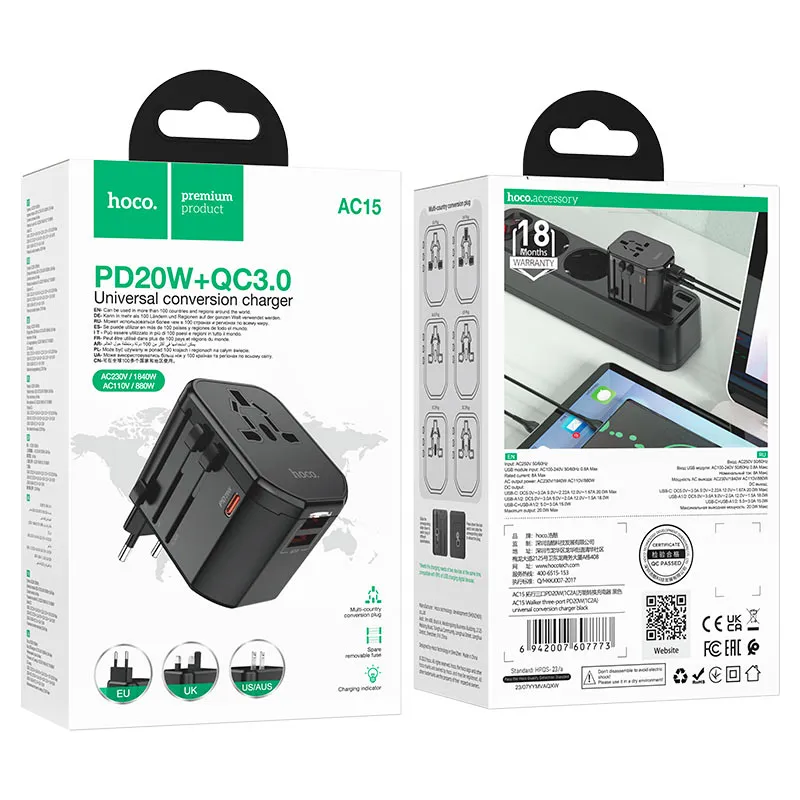 ADAPTADOR UNIVERSAL AC15 NEGRO HOCO