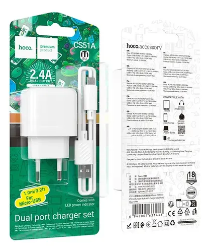 CS52A CARGADOR+CABLE USB-A A MICRO BLANCO
