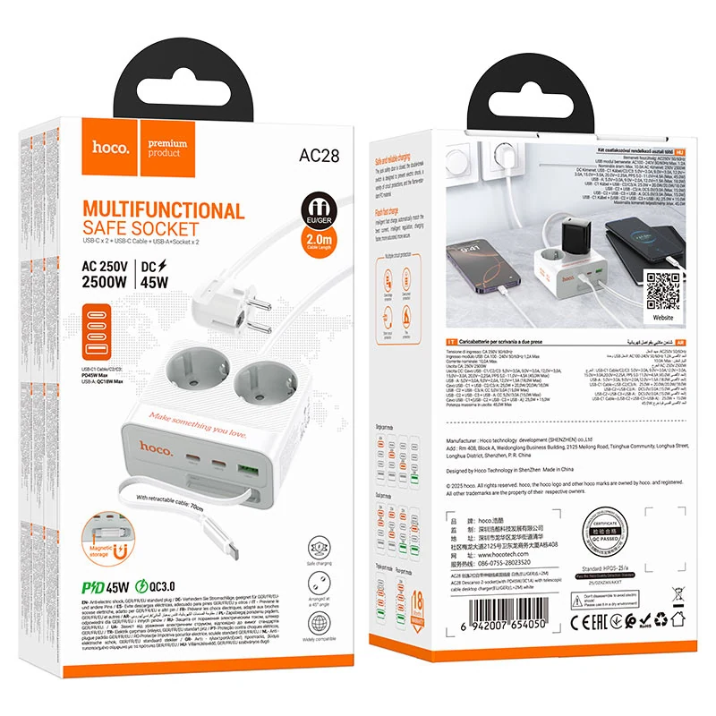 AC28 CARGADOR ESC 2 ENCHUFES PD45/3C1A CABLE TELESCOPIO 2M BLANCO