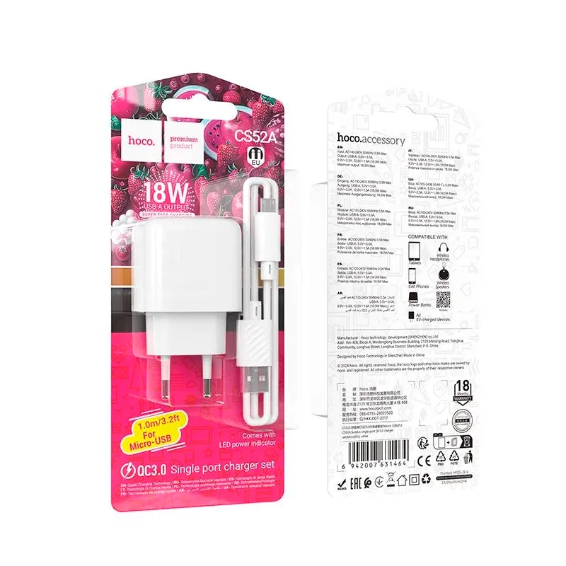 CS52A CARGADOR+CABLE USB A MICRO BLANCO
