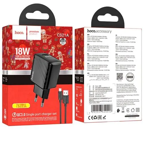Hoco Cargador CS21A QC30 Fuente 18W USB-A+Cable USB-C 1M Black