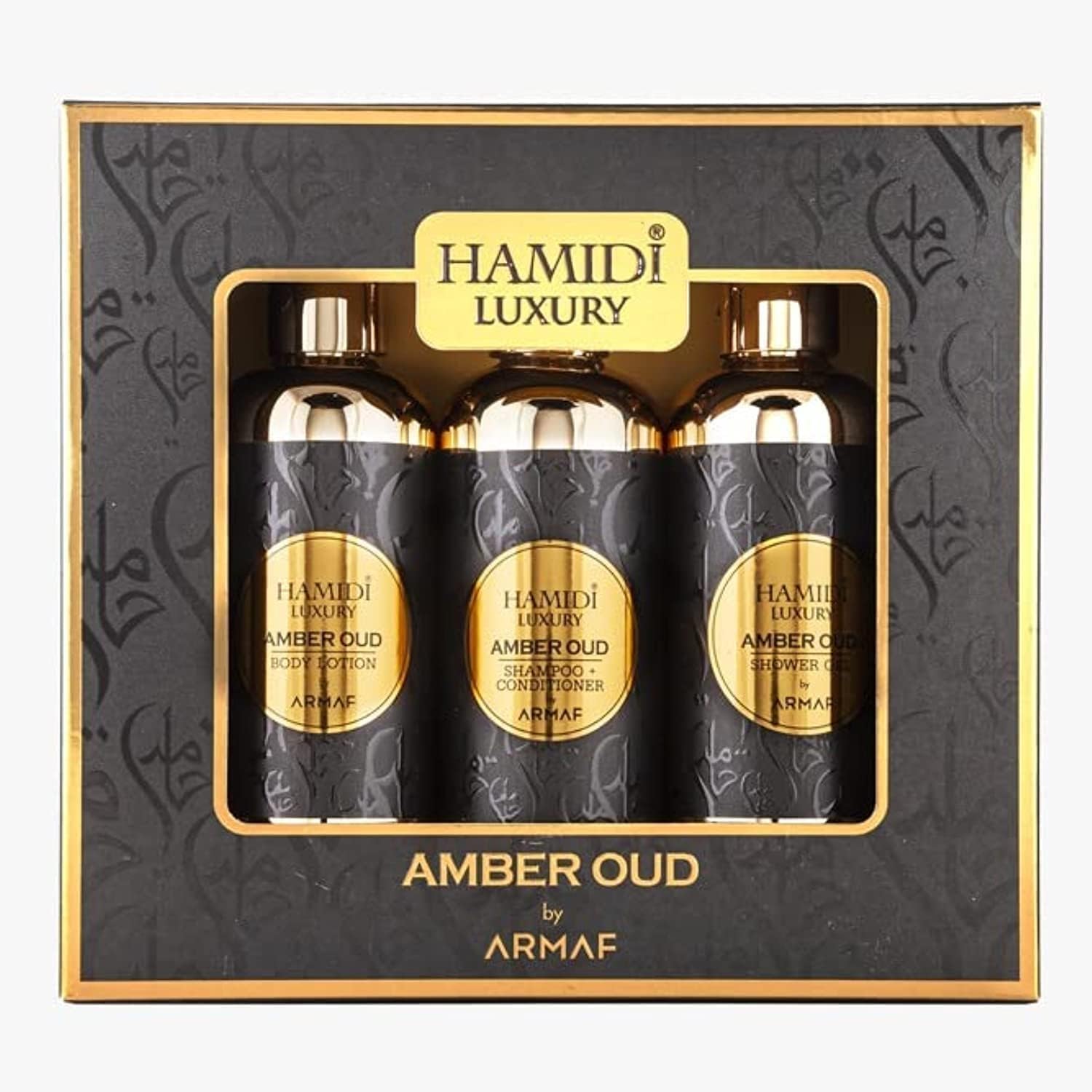 KIT HAMIDI LUXURY ARMAF AMBER OUD 3 PCS CREMA+GEL+SHAMPO/CONDI 95ML
